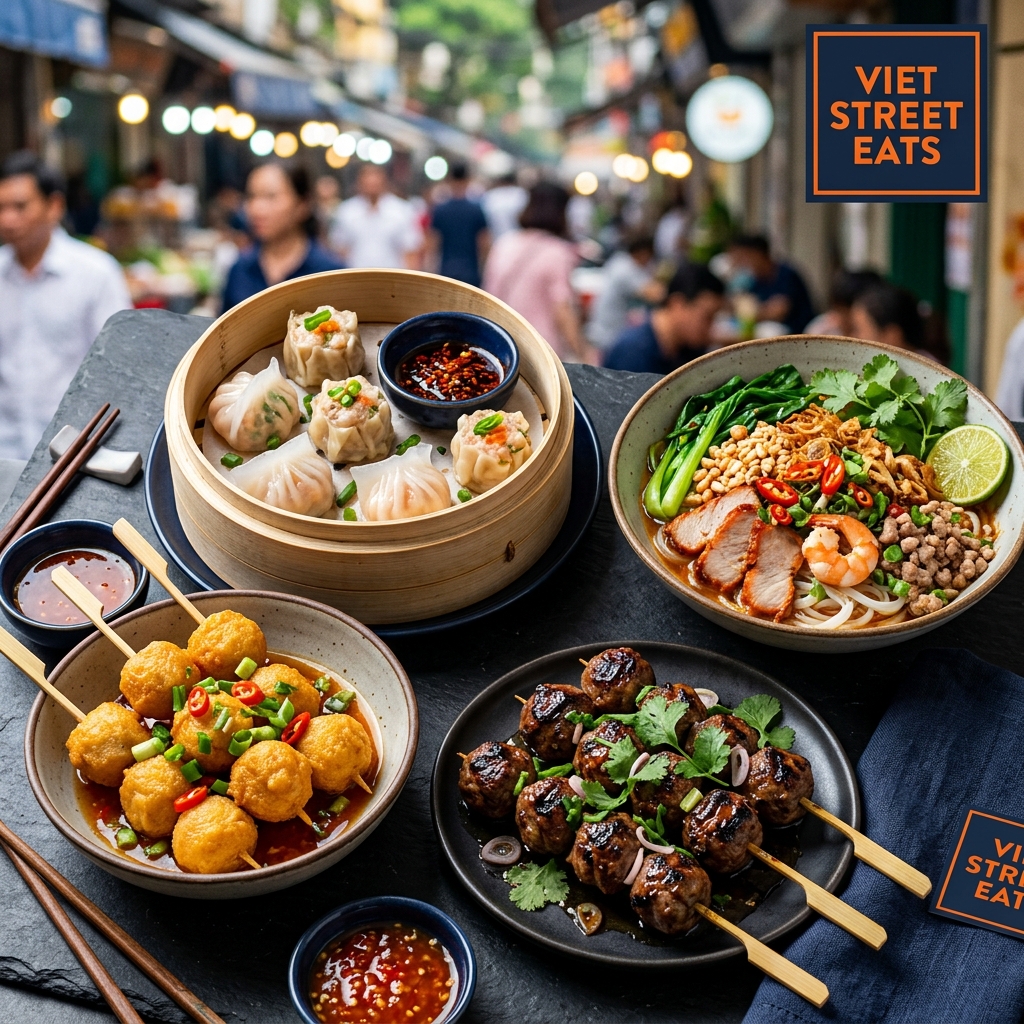 Các món ăn nhượng quyền Tân Việt Sin Foods gồm viên chiên surimi, dimsum, cuộn Teriyaki và mì trộn